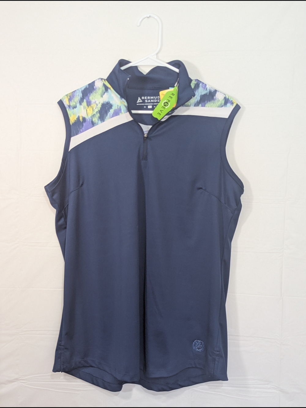 Bermuda Sands Women's Navy Sleeveless Golf Top with Patterned Shoulder Detail